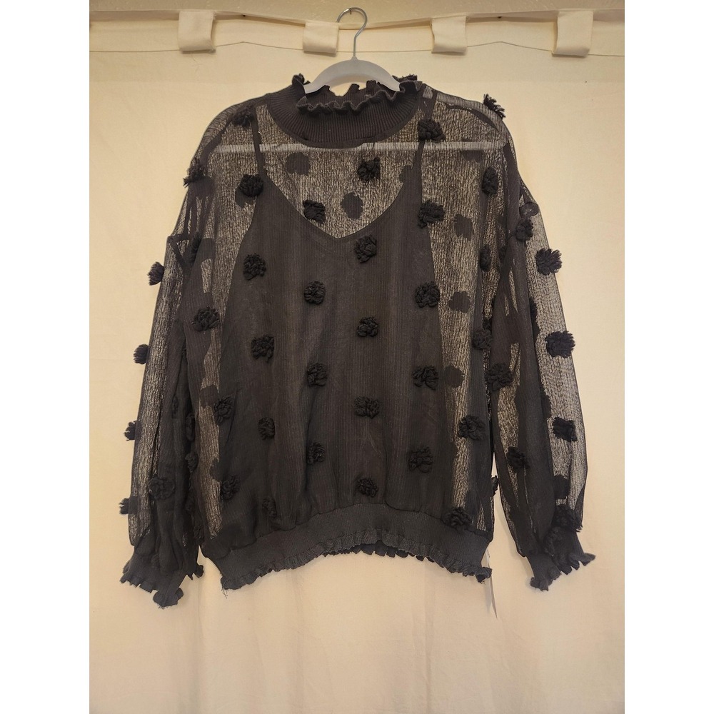 EVELYN Pullover Womens Large‎ Black Sheer Mesh Swiss Dot Pom Pom Top Mock Neck